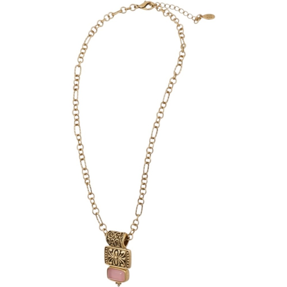 Gilded Lee Gold Tone Pink Cats Eye Floral Pendant Necklace Vintage Style 18-21in